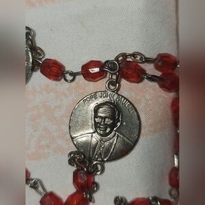 Vintage Pope John Paul II Commemorative Rosary Red Faceted Beads